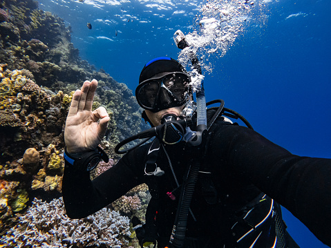 Scuba diving couple. Beautiful sea. Underwater scene with group of scuba divers,  enjoy  in blue, shallow water. Scuba diver point of view.