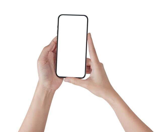 istock Hand holding smartphone with blank screen isolated on white background. 1990429455
