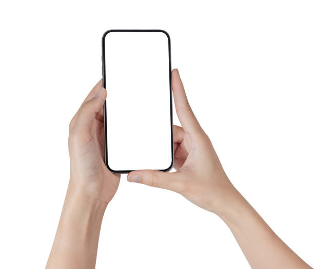 istock Hand holding smartphone with blank screen isolated on white background. 1990429459