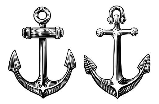 Ship anchor in engraving style. Hand drawn sketch vintage vector illustration