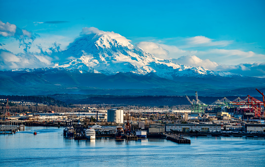Mount Rainier towers over the Port of Tacoma in Washington State.