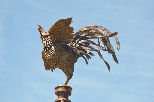 Bronze metal figure of a bird - a rooster with spread wings against the background of a blue sky.