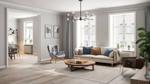 interior ruang tamu nyaman gaya skandinavia - living room potret stok, foto, & gambar bebas royalti