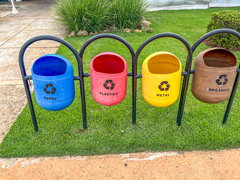 Recycling colour coded public trash bins