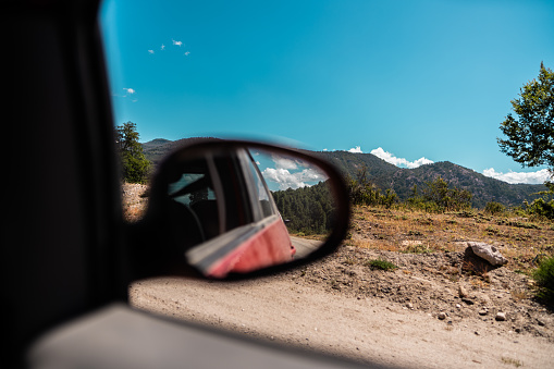 View of landscape through the car window in a Patagonia, Argentina