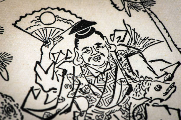 Antique Japanese Illustration: Divinities Daikoku and Ebisu by Hishikawa Moronobu (1680)