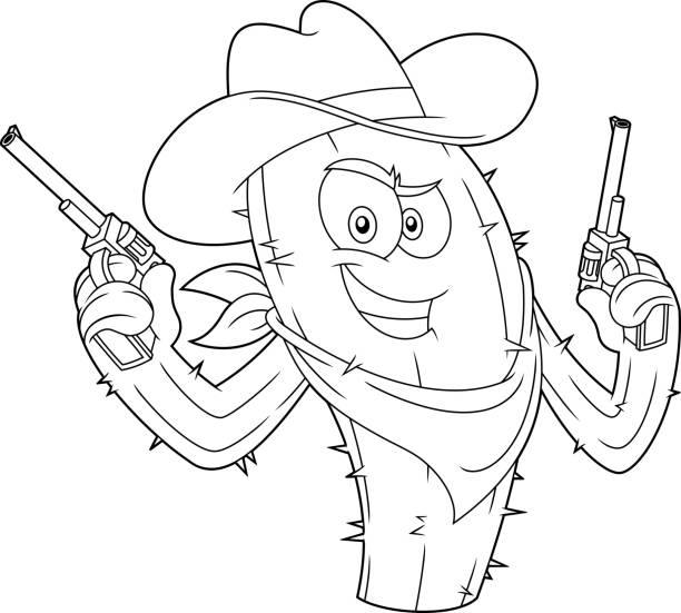 ilustrações, clipart, desenhos animados e ícones de delineado cactus cowboy personagem de desenho animado segurando duas armas - 15839