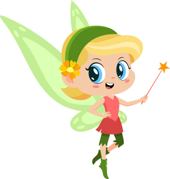 ilustraciones, imágenes clip art, dibujos animados e iconos de stock de cute tooth fairy girl cartoon character flying with magic wand - 15838