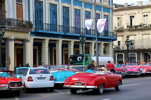 Havana, Cuba - January 26th 2018: Vintage cars on Havana street