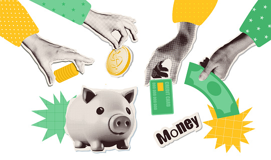 Set of hands holding money elements for y2k collages. Halftone Retro piggy bank, coins, plastic card isolated on white background. Vector illustration