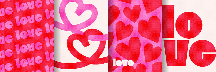 Happy Valentines Day cards set in trendy bold style. Duotone abstract art design with hearts and modern typography. Templates for 14 February - minimalistic patterns, cut paper heart elements. Vector.
