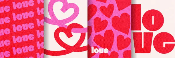 Vector illustration of Happy Valentines Day cards set in trendy bold style. Duotone abstract art design with hearts and modern typography. Templates for 14 February - minimalistic patterns, cut paper heart elements. Vector