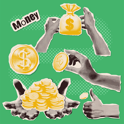 Set of hand paper sticker elements holding money for halftone collages. Retro y2k vector illustration on finance theme with coin dollars and money sack