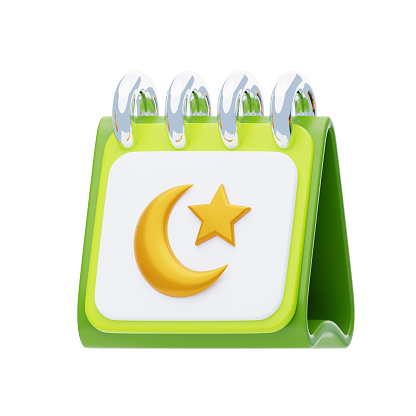 Islamic Calendar 3D Icon. islamic calendar 3d icon with crescent moon and star