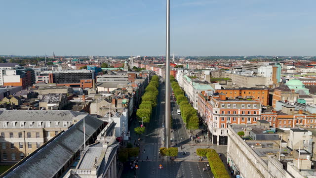 Aerial view of the Dublin spire of symbol, Dublin city centre, Aerial View of the Dublin Spire, O'Connell Street, Ireland