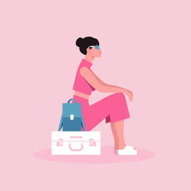 Vector illustration of An Asian woman is sitting on a suitcase. Travel expectation.