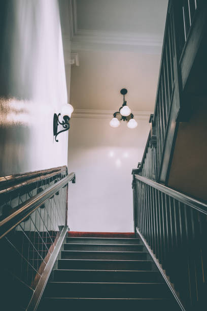 A tiled 1950's style public house stairwell.