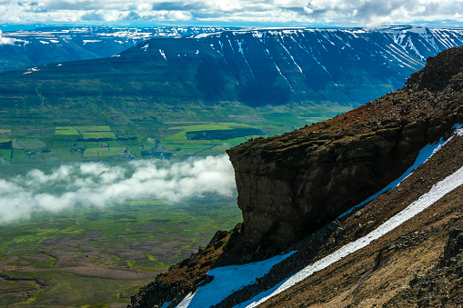 Icelandic landscape with snow-capped mountains and valleys.