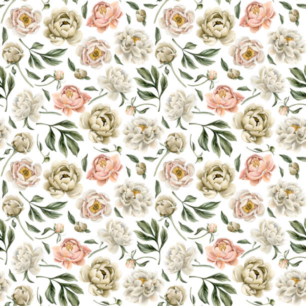 istock Floral watercolor seamless pattern with white beige and peach peony flowers, buds and green leaves on white background 1990518793