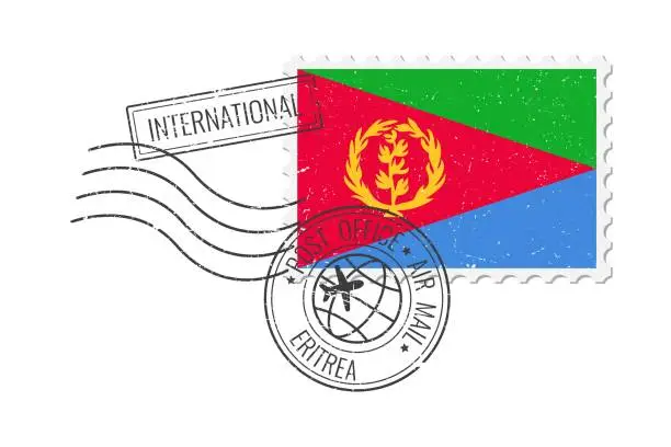 Vector illustration of Eritrea grunge postage stamp. Vintage postcard vector illustration with Eritrean national flag isolated on white background. Retro style.