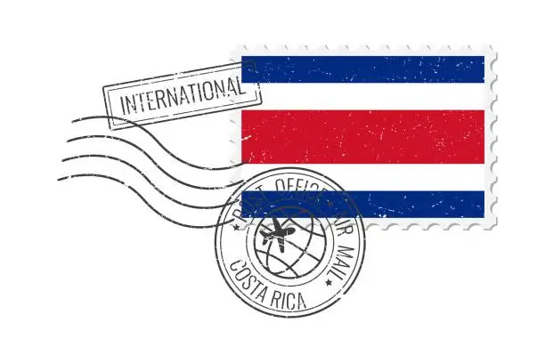 Vector illustration of Costa Rica grunge postage stamp. Vintage postcard vector illustration with Costa Rican national flag isolated on white background. Retro style.