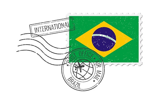 Brazil grunge postage stamp. Vintage postcard vector illustration with Brazilian national flag isolated on white background. Retro style.