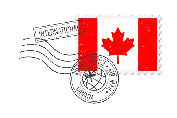 illustrazioni stock, clip art, cartoni animati e icone di tendenza di canada grunge postage stamp. vintage postcard vector illustration with canadian national flag isolated on white background. retro style. - canada immagine