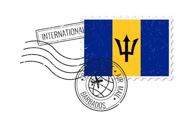 Vector illustration of Barbados grunge postage stamp. Vintage postcard vector illustration with Barbadian national flag isolated on white background. Retro style.