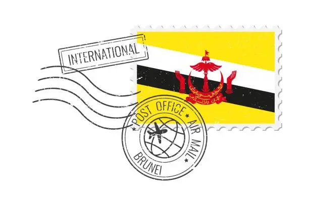 Vector illustration of Brunei grunge postage stamp. Vintage postcard vector illustration with Bruneian national flag isolated on white background. Retro style.
