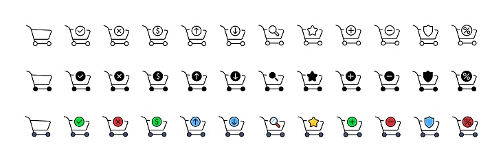 Shopping cart icon collection. Cart set. Linear, silhouette and flat style. Vector icons