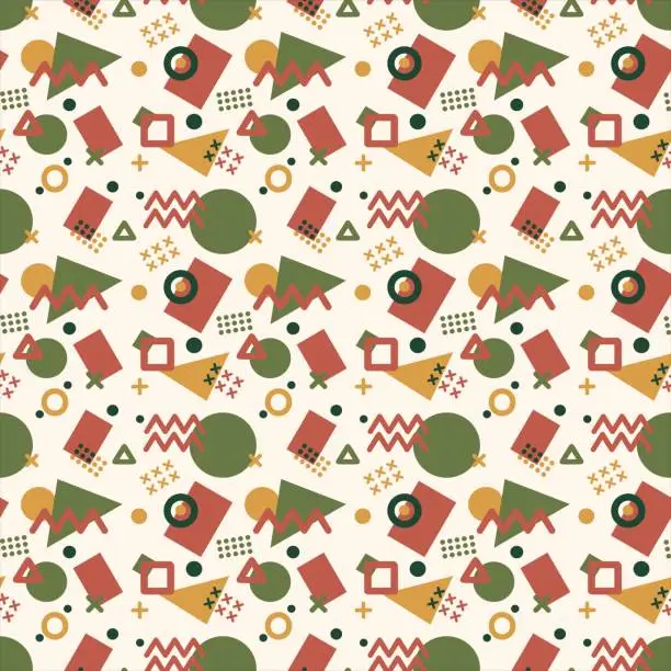 Vector illustration of Memphis style seamless pattern with geometric shapes. Vector retro hipster endless background. Vector illustration.
