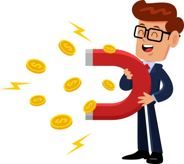 Vector illustration of Happy Businessman Cartoon Character Holding A Horseshoe Magnet Attracting Gold Coins