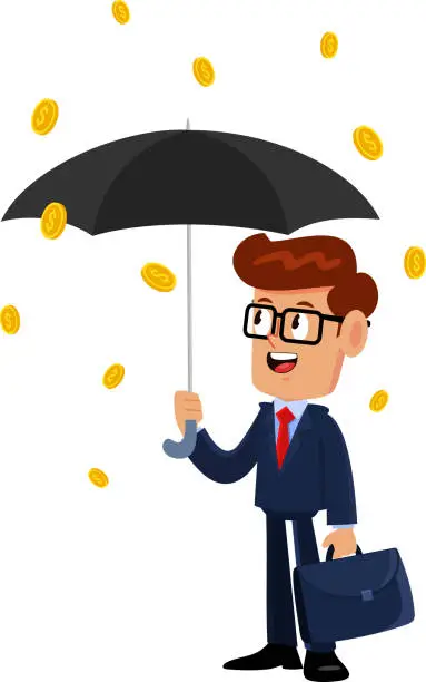 Vector illustration of Businessman Cartoon Character With Umbrella Under A Rain Of Coins
