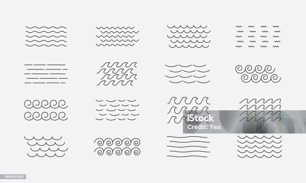 Wellenlinienmuster festgelegt. Meeres- oder Meereswellen. Vektor-Illustration - Lizenzfrei Wellenmuster Vektorgrafik Wellenlinienmuster festgelegt. Meeres- oder Meereswellen. Vektor-Illustration - Lizenzfrei Wellenmuster Vektorgrafik