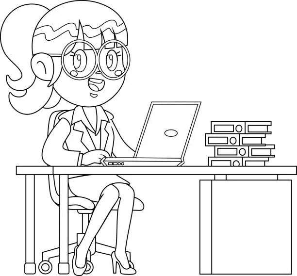 Vector illustration of Outlined Business Woman Cartoon Character Sitting On The Desk With A Laptop And Documents
