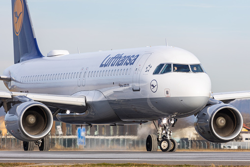 Graz, Austria - December 29, 2023: Lufthansa jet plane Airbus A320 preparing for a flight