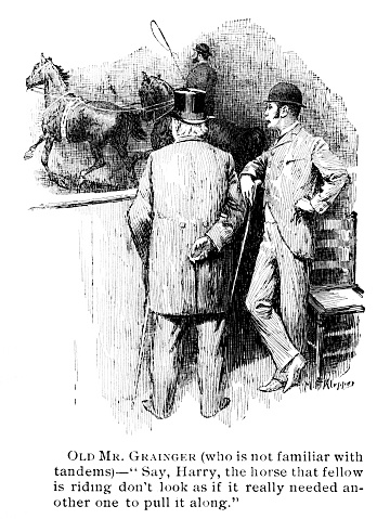Man shows his ignorance of tandem horses in comic. Illustration published 1894.  Original edition is from my own archives. Copyright has expired and is in Public Domain.