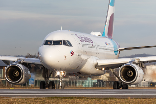 Graz, Austria - December 29, 2023: Eurowings Airbus A319 lining up the runway at Graz airport in Austria for a flight to Hamburg