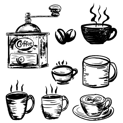 Hand Drawn Coffee Elements on a transparent base (you can place the file over any color).
