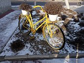 A yellow bicycle decorates the yard holding vases with flowers. An old bicycle is stylized as a decoration on a flower bed.