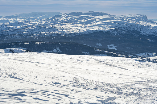 View from a ski slope at Voss Alpine Ski Resort in Norway, Scandinavia, Europe in winter (February).