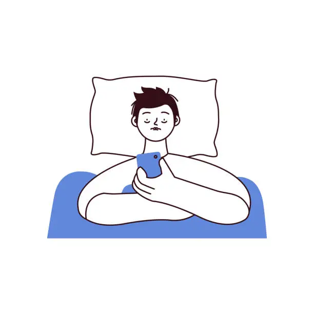 Vector illustration of Young man suffers from insomnia. Mental problems. Male lying in bed, using and scrolling cellphone, can not relax. Black and white modern flat vector illustration