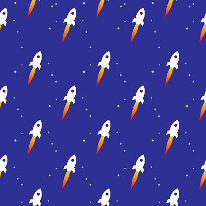 Vector seamless pattern of a white rockets blasting off into space.