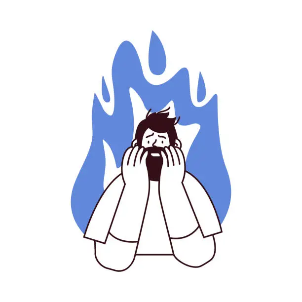 Vector illustration of Professional burnout syndrome. Man in stress under pressure, fire on the background. Mental disorder problems. Black and white modern flat vector illustration