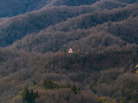 Small local church in the forest,  Georgia. Taken via drone.
