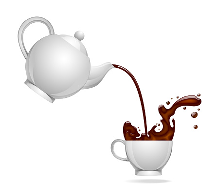 White round ceramic teapot or coffee pot floating in the air pours with splashes brown hot chocolate or coffee into a cup isolated on white. Vector 

illustration