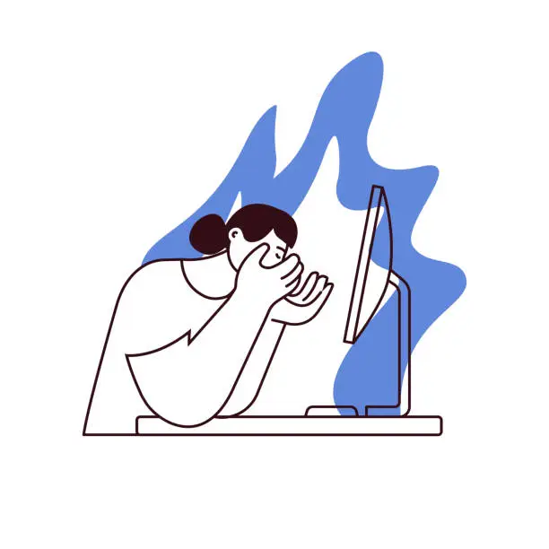 Vector illustration of Professional burnout syndrome. Woman in stress under pressure, office desk, fire on the background. Frustrated worker, mental disorder problems. Black and white modern vector flat illustration