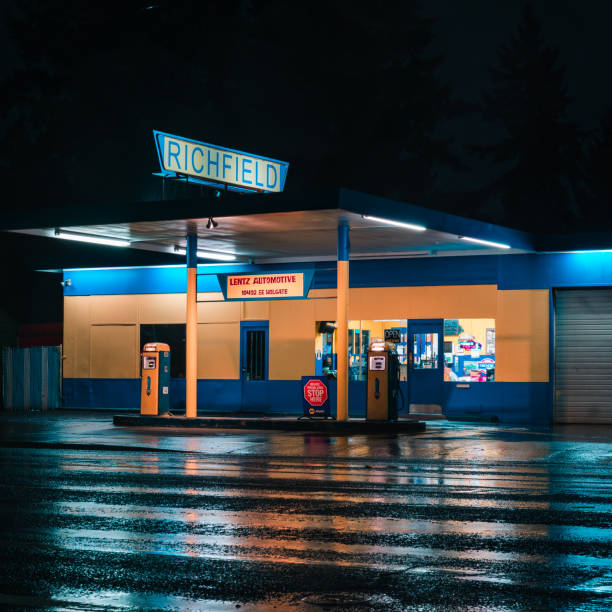 Vintage Auto Shop and Gas Station shot at night in East Portland Oregon.