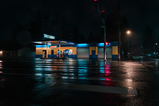 Vintage Auto Shop and Gas Station shot at night in East Portland Oregon.