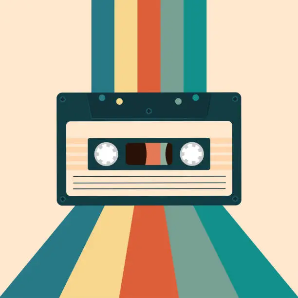 Vector illustration of Retro background with audio cassette 70s 80s style. Party poster template.